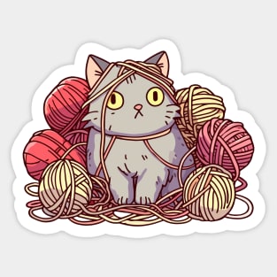 Cat Surrounded By A Tangled Mess Of Yarn Sticker